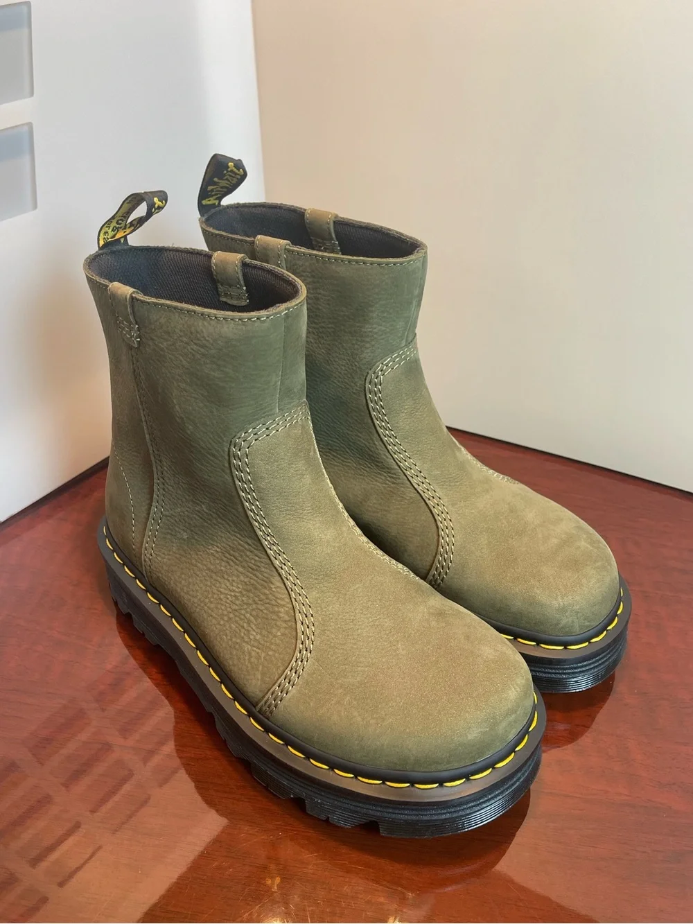 Dr. Martens Zebzag Rigger Slip-On Nubuck Platform Boots in DMS Olive US 9/ EU 41
